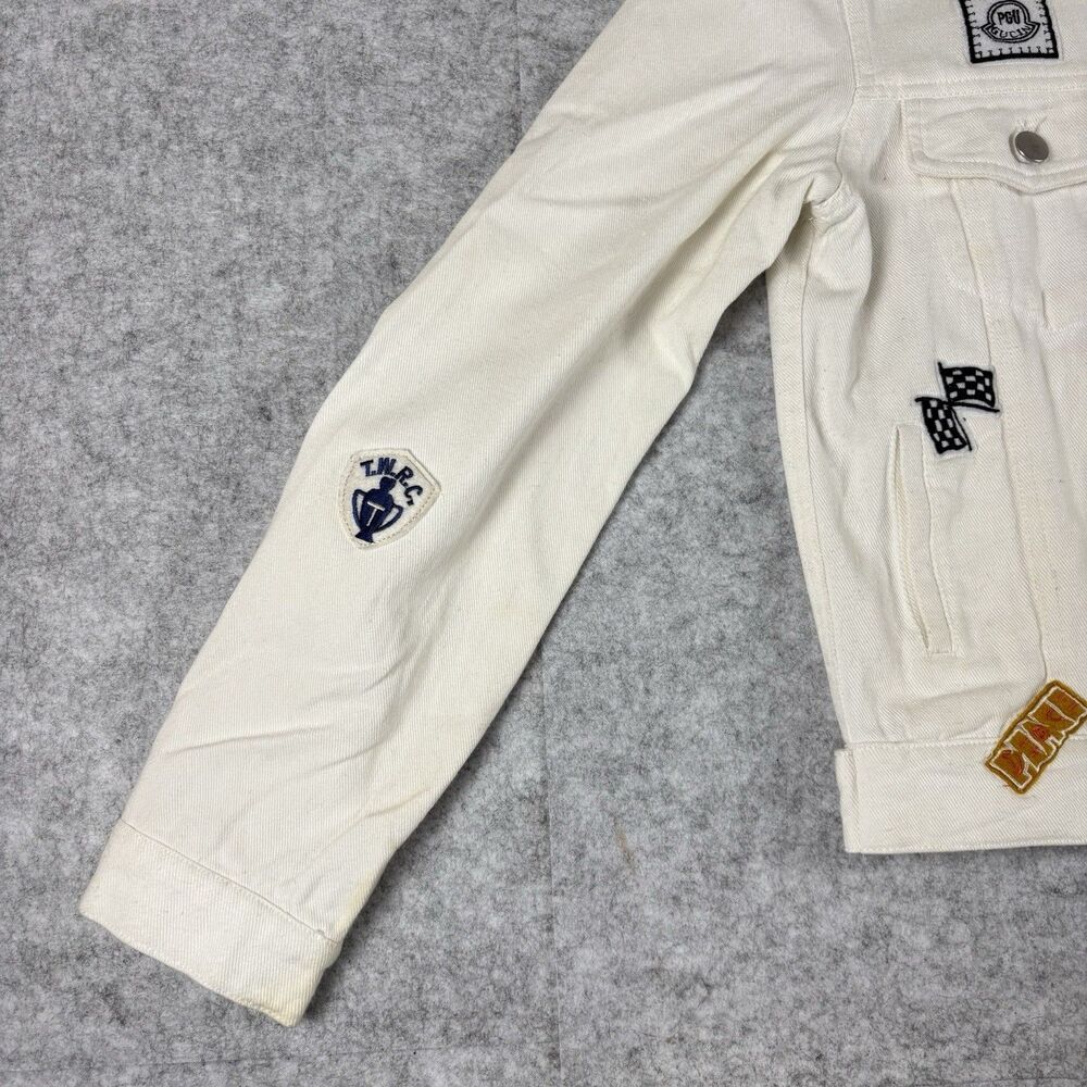 XACT Womens Small White Button Up Denim Jean Jacket w/ Allover Patches - FLAWED - Picture 4 of 16